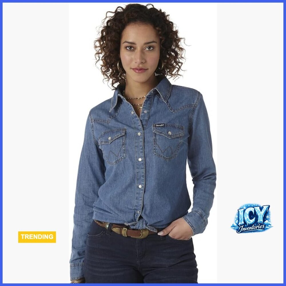 Denim Snap Front Button Down Shirt with Western Yokes